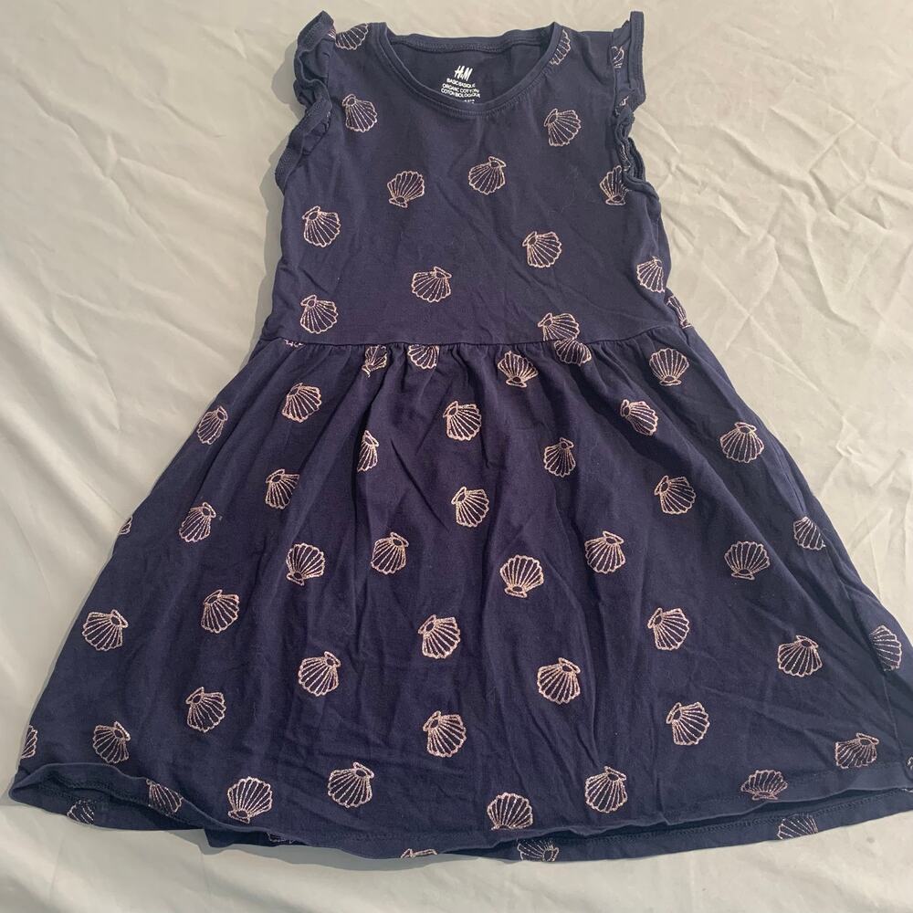 H&M Girls Seashell Print Dress – Size 5T/6 – Navy Blue – Organic Cotton –